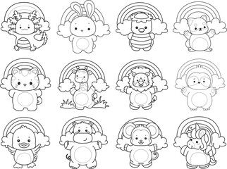 Outline of Cute wild animal vector icon. Lineart of Fluffy pet stickers.