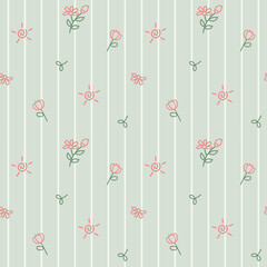 Minimal Hand Drawn Floral and Sun Pattern on Green Stripes