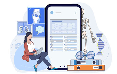 Woman studying with laptop beside large smartphone displaying medical data, surrounded by anatomy visuals, DNA, books, and skeleton on white background. Vector illustration
