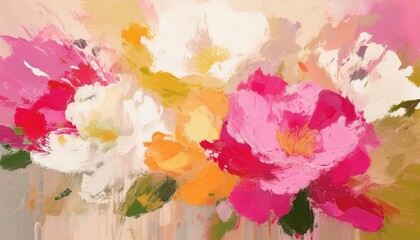 vivid abstract floral oil painting with pink, white, orange blossoms and lush brushstrokes for wall art, print, branding, or web design

