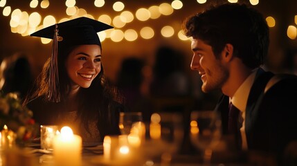 Smiling graduates share a warm moment at a celebratory dinner.