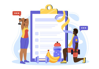 Two athletes exercising with dumbbells in front of a large clipboard showing a fitness plan, with water bottle, bananas, and tape measure on a white background. Vector illustration