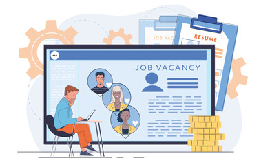 A man searching for job vacancies on a laptop with resumes, candidate profiles, gears and coins in background, showing recruitment process. Vector illustration