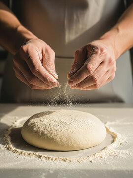 Baker's Hands Lightly Dusting Flour Over Freshly Kneaded Dough on a White Surface
