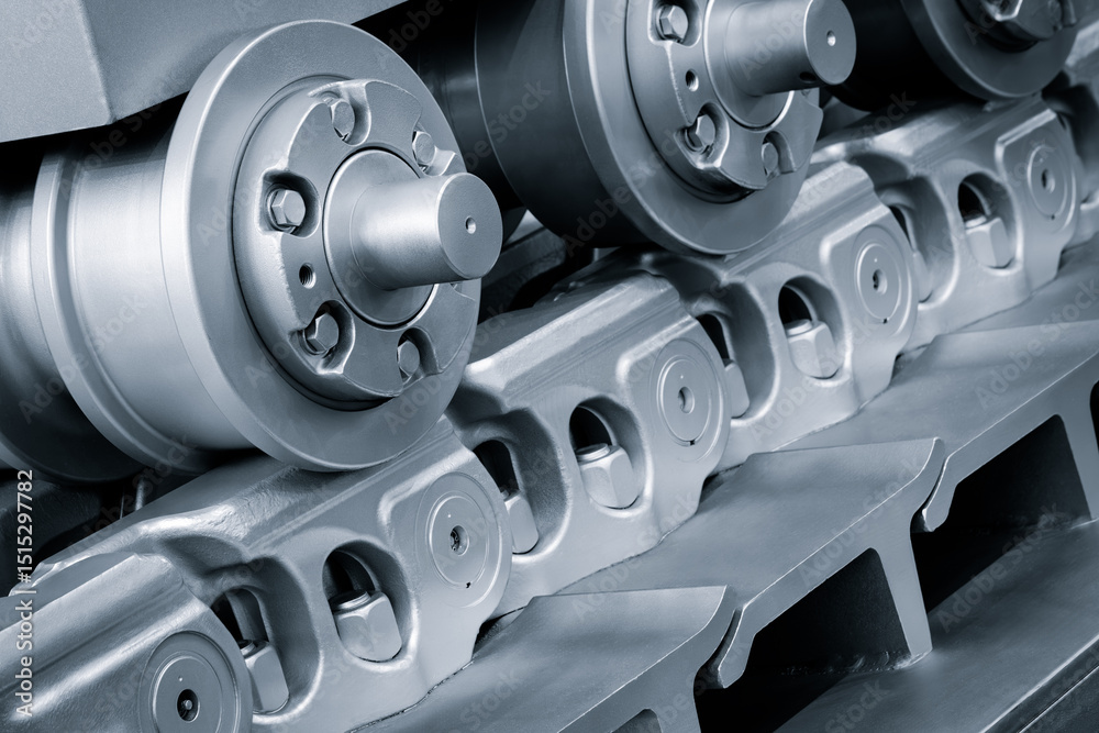 Fototapete Tractor track on roller close up machine part many bolts and screws сoncept complexity precision, many parts fasteners work together create functioning machine