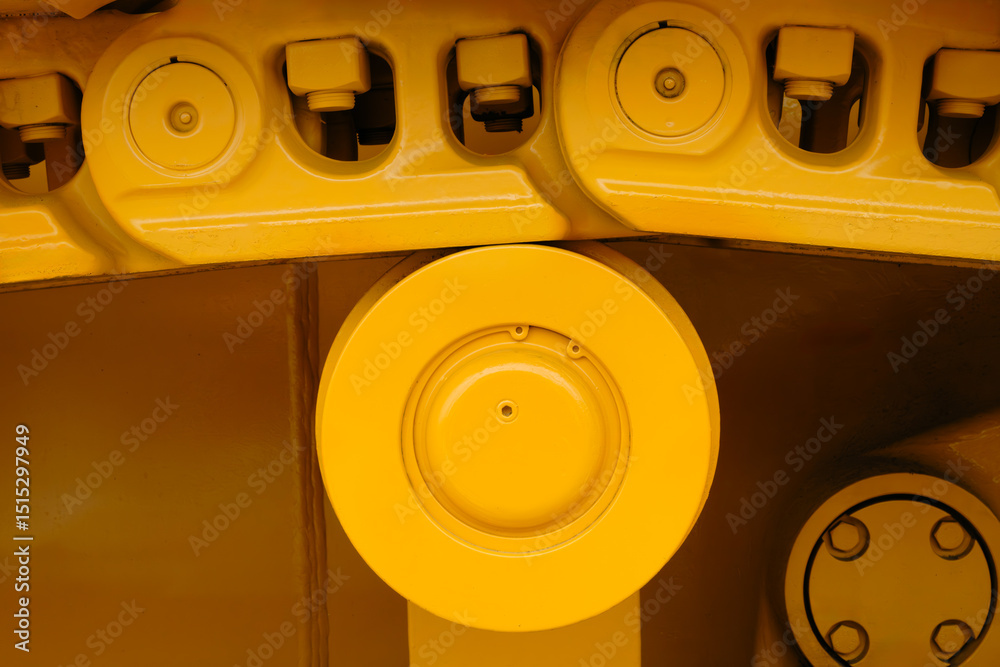 Poster Tractor track on roller close up machine part many bolts and screws сoncept complexity precision, many parts fasteners work together create functioning machine