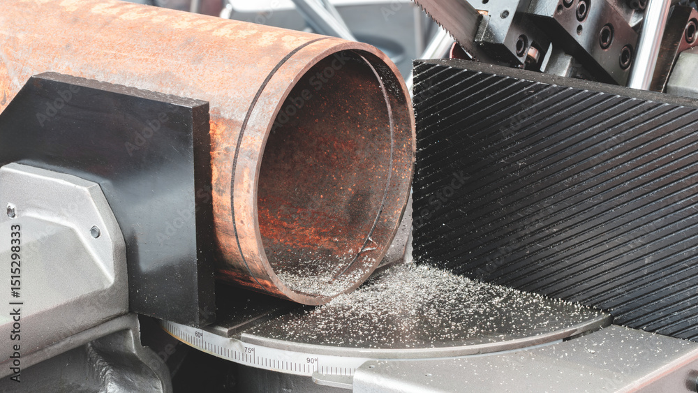 Poster large pipe is cut on machine with an automatic industrial saw, pipe is brown in color and has a roug