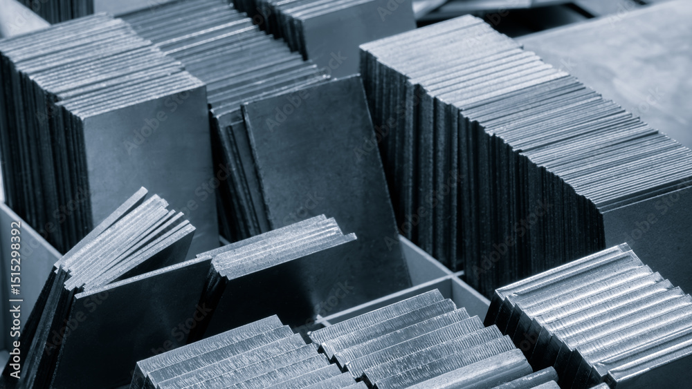 Poster pile of metal sheets with a variety of sizes and shapes. Concept of organization and structure industrial concept background