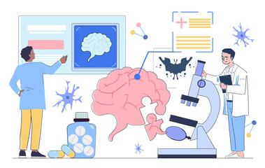 Scientists analyzing brain with microscope, brain scan, puzzle, and medication in modern flat graphic style on white background. Concept of neuroscience study. Vector illustration