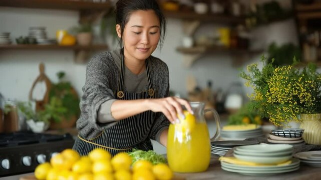 Asian woman setting dinnerware with a citrus juice pitcher on the kitchen dining table