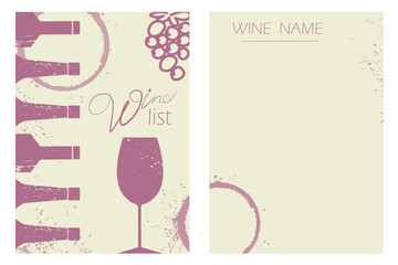 Restaurant poster design, wine list, sommelier, wine tasting. Illustration bottle, glass, red wine, merlot, cabernet, chardonnay