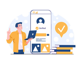 Man with laptop next to large smartphone screen showing verified account login, flat style, white background, concept of digital identity verification. Vector illustration