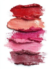 Fototapeta premium Various lip shades are artistically arranged in bold brush strokes on a white background. The vibrant colors range from deep red to soft pink, showcasing a range perfect for makeup lovers