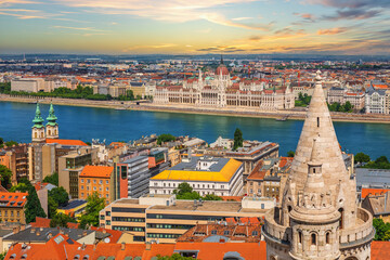 Panoramic view from above on landmarks of Budapest, Parliament building and the Danube river, Hungary