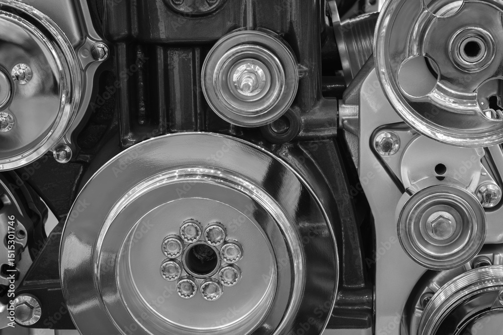 Poster A close up of a car engine with a lot of detail. The engine is a complex piece of machinery with many parts and components. Concept of awe and admiration for the engineering and design of the engine