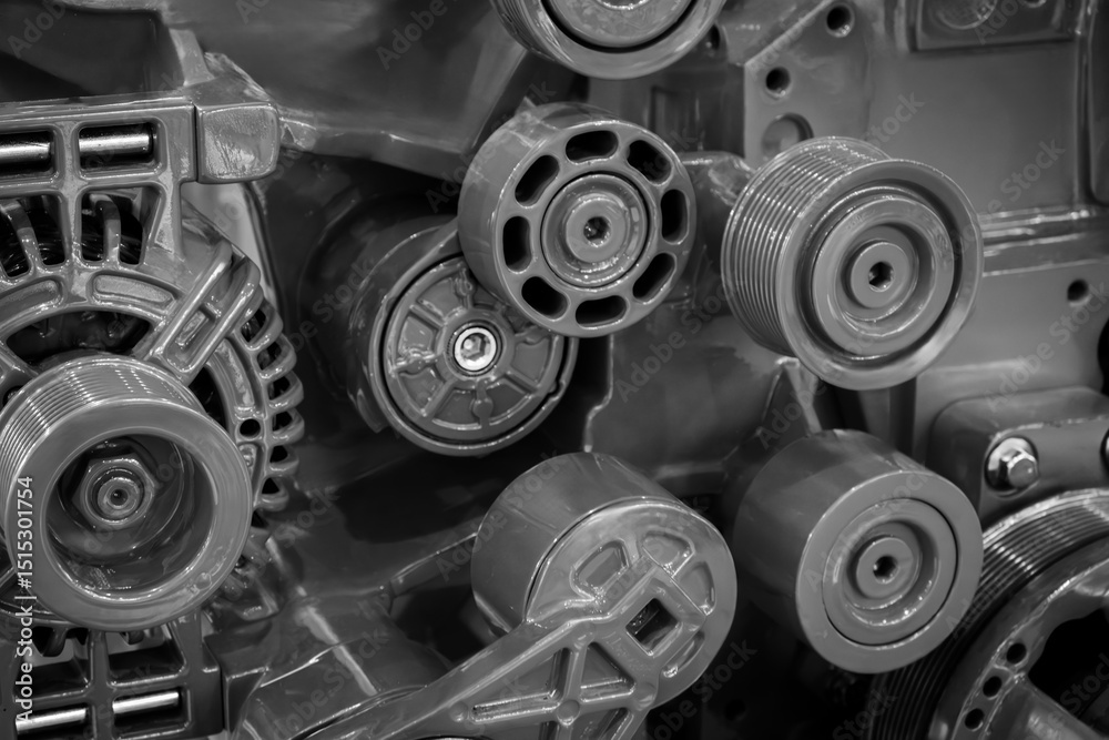 Poster A close up of a car engine with a lot of detail. The engine is a complex piece of machinery with many parts and components. Concept of awe and admiration for the engineering and design of the engine