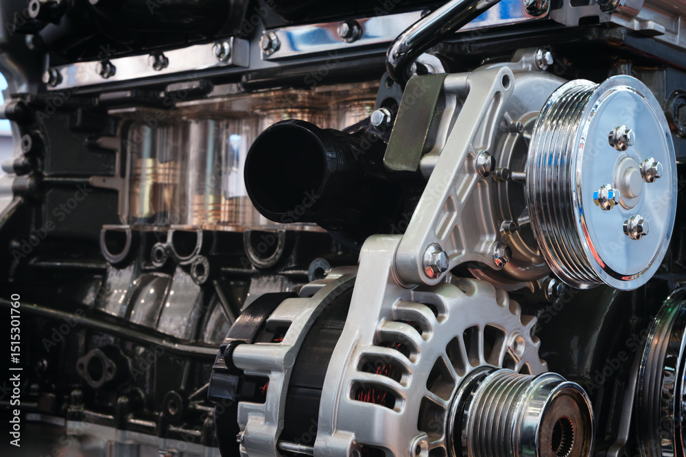 Poster a close up of a car engine with a lot of detail. the engine is a complex piece of machinery with man