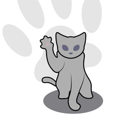Cute cat waving paw with paw print background