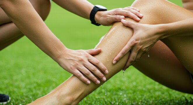 Female athlete receiving physical therapy on grass field  
