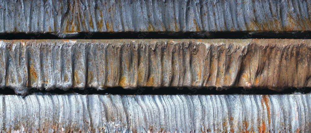 Poster Row of rusty metal sheets in cross-section with a grey-blue tint. sheets are arranged in a row, some overlapping each other scene is somewhat dark and melancholic as textured industrial background