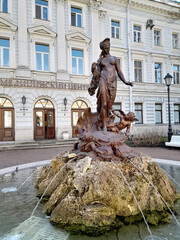 PETERSBURG, RUSSIA. The "Birth of Aphrodite" fountain in the garden of San Galli. Ligovsky prospect. St. Petersburg.Russian text