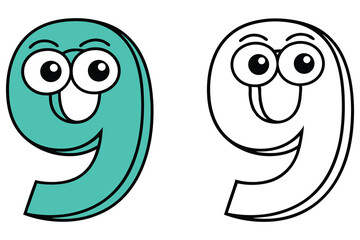 Smiling cartoon number nine has outlined version for coloring projects and transparent background