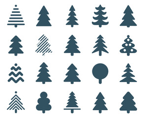 Collection of Fifteen Different Dark Cyan Christmas Tree Icons on a White Background Ideal for Winter Holiday Designs and Festive Season Projects