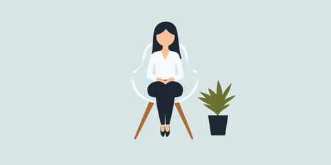 Fototapeta premium Young woman sitting in modern chair next to a potted plant 