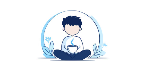 Young adult sitting cross-legged holding a cup in a calm setting  