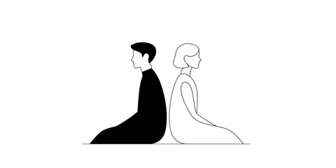 Two silhouettes of people sitting back to back in minimal style  