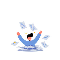 Person overwhelmed by papers while smiling and raising arms in joy  