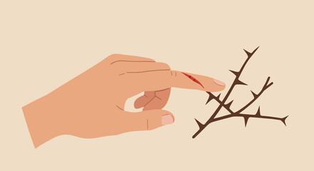 Hand with cut finger touching thorny branch against neutral background  