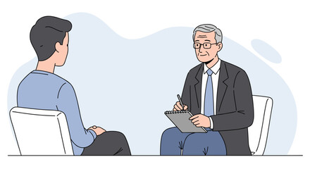 Elderly therapist discussing with young client in a minimal office setting  