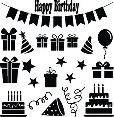 Obraz premium Happy birthday party icons black and white silhouettes