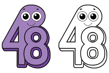 Cheerful number forty eight cartoon characters display both a colored and outline version for creativity