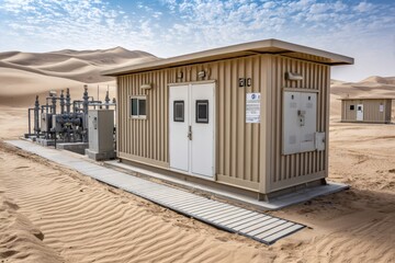 Oil pipeline infrastructure cutting through barren desert landscape