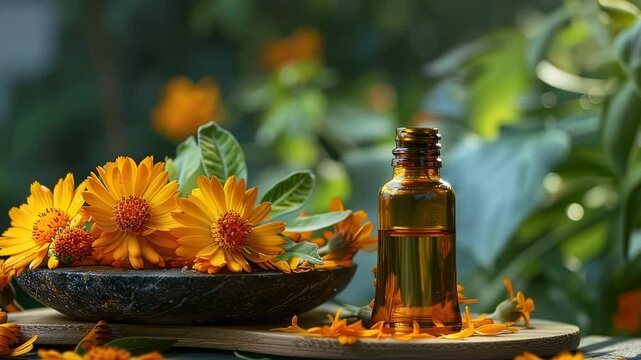 Still life of calendula flowers and essential oil in a bottle, with a natural and vibrant aesthetic