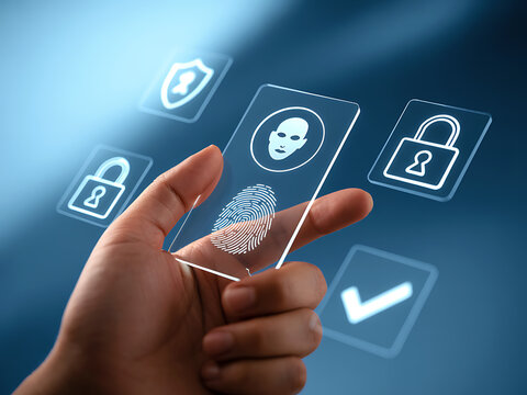 Digital face scan with lock and ID cards overlay showing advanced digital ID verification 