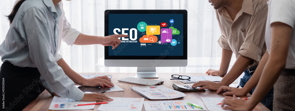 Poster SEO search engine optimization for brisk e-commerce and online retail business showing on computer screen