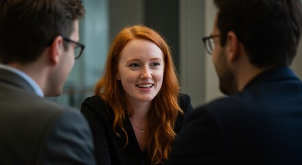 Collaborative Dialogue: A close-up shot portrays a bright ginger haired woman engaging in conversation with two men wearing glasses, seated within a modern office environment.