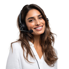 Professional Indian female customer service representative, headset and computer, supportive posture, friendly expression, professional studio photography, isolated white background, cut-out