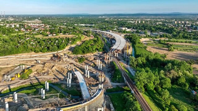 Krakow, Poland. Eastern part of highway ring road around Cracow, and Mistrzejowice motorway interchange under construction joining S7 from Warsaw and S52. Sate on May 25, 2025