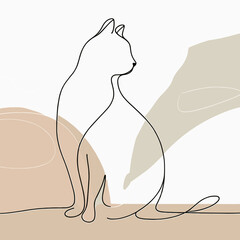 Minimalist line drawing of a cat sitting against abstract shapes  