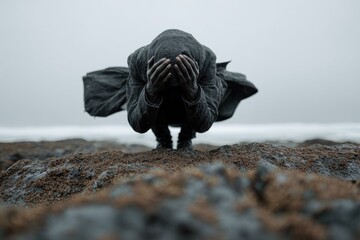 A person kneels on rocky ground, hands covering their face in despair. The surrounding landscape is shrouded in fog, creating a somber atmosphere. The time feels timeless and melancholic.