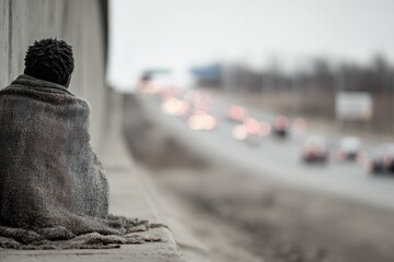 A person sits on the edge of a concrete structure, wrapped in a blanket, looking at the busy highway. Gray skies and blurred traffic create a somber atmosphere on a chilly day.