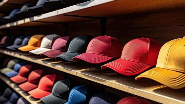 Baseball caps of various colors on wooden shelves
