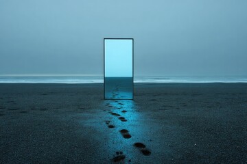 Mysterious door on a foggy beach with glowing light leading to an unknown destination