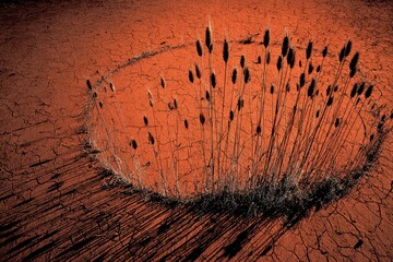 Nature creating a unique visual of plants emerging from cracked earth with striking patterns and colors at sunset
