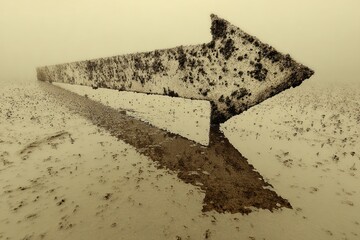 Muddy ground with a weathered arrow pointing left in a deserted area during overcast conditions
