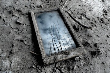 Reflections of nature captured in a dusty, abandoned frame on cracked earth